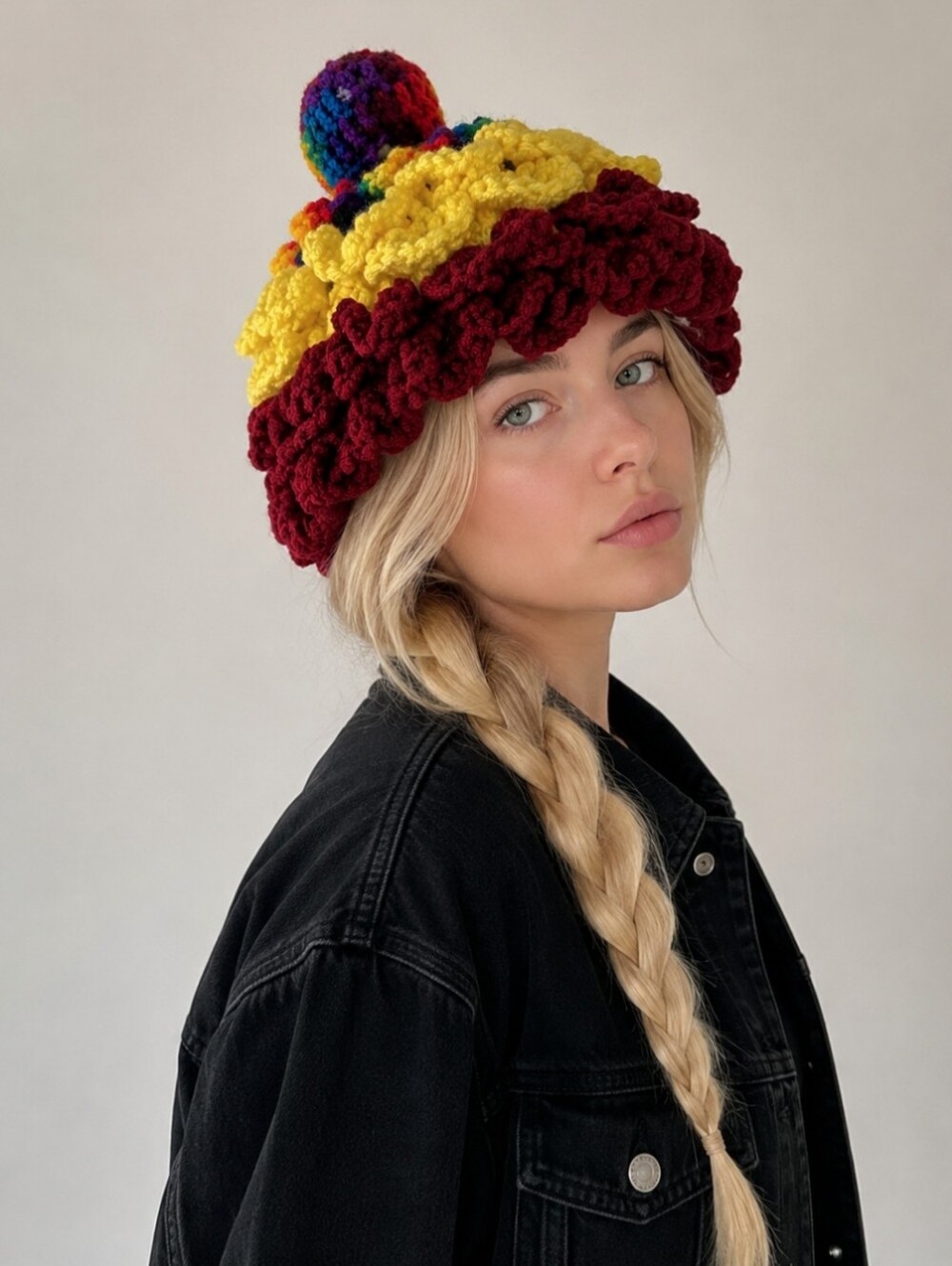 Handcrafted Crochet Statement Hat | Multicolor Pom-Pom | Acrylic Wool Blend